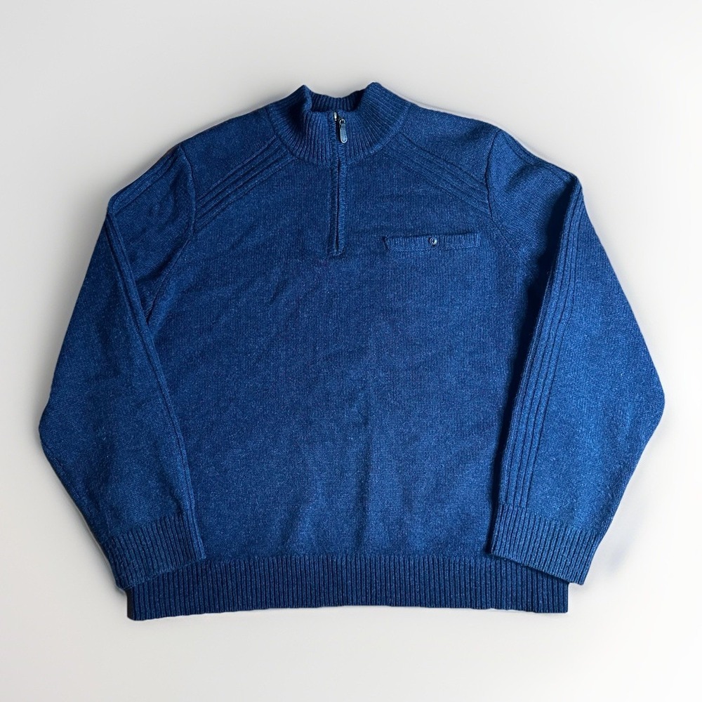 LL Bean Rangeley 1/4 Zip Sweater Mens XL Blue 100% Merino Wool Pocket Mid-Weight